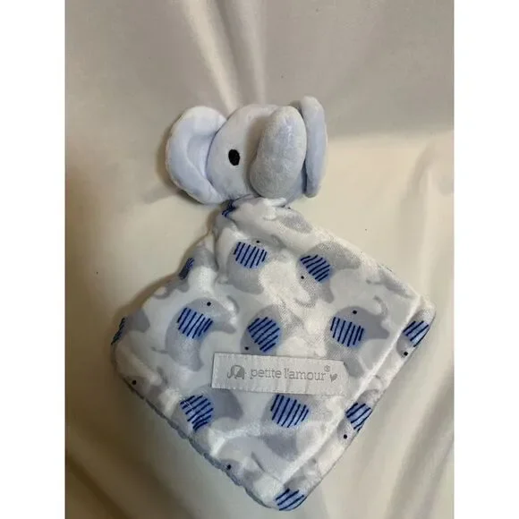 Petite L'Amour Blue White‎ Gray Elephant Plush Security Blanket Lovey Lovie Grey