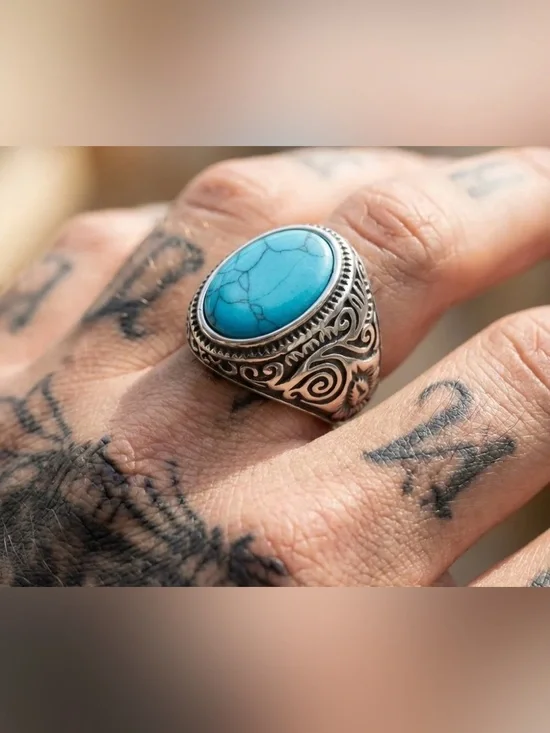 Western Turquoise Statement Ring Size 11 Silver Tone Engraved Oval Cabochon