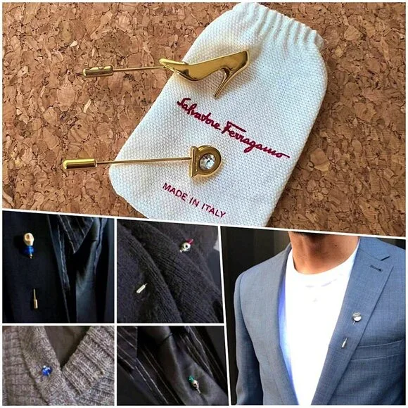 Ferragamo Mens 2 Gancini Gold Tone Lapel Scarf Tie Pin NWOT