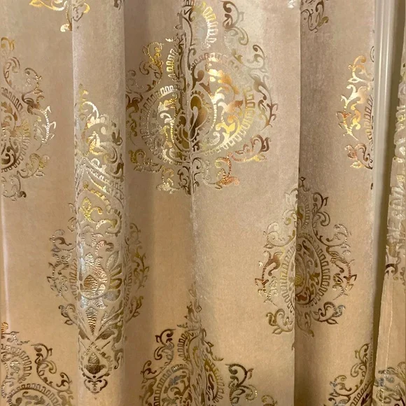Home Maison 4 velvet long drapes beige w/foiled gold medallion print 95”X38”