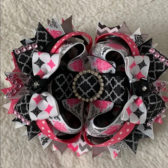 OTT Black & Pink Hair Bow snap clip rhinestones