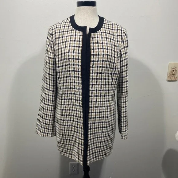 Kasper Blazer Women's 14 Houndstooth‎ Collarless Open Front Jacket Old Money
