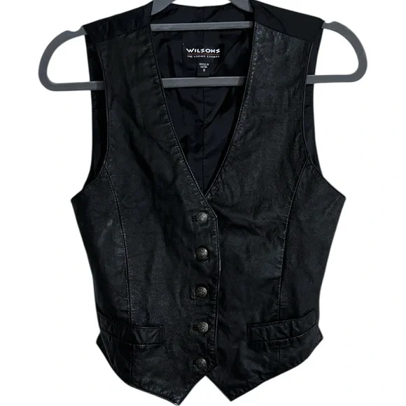 Vintage Wilson’s Leather V Neck Button Down Vest Small Solid Black