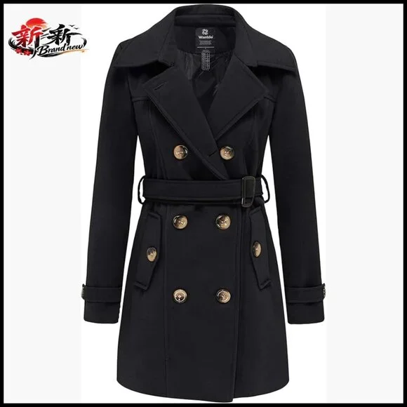 Double Breasted Pea Coat with Belt, Windproof Winter Trench Coat