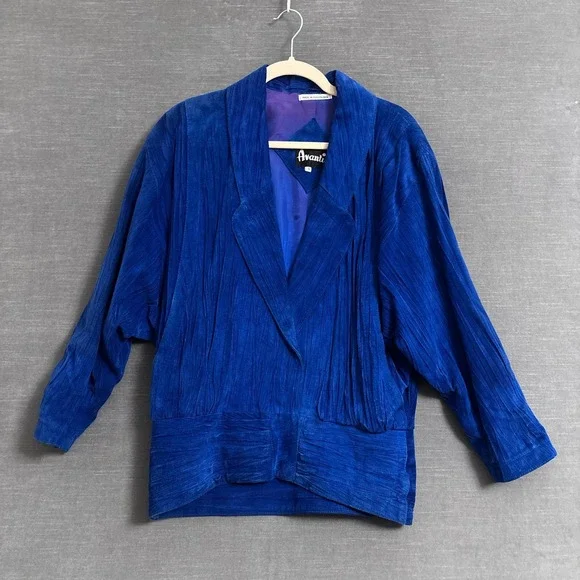 Vintage Avanti Suede Jacket S Royal Blue‎ Leather Drop Waist 80s 90s Maximalist