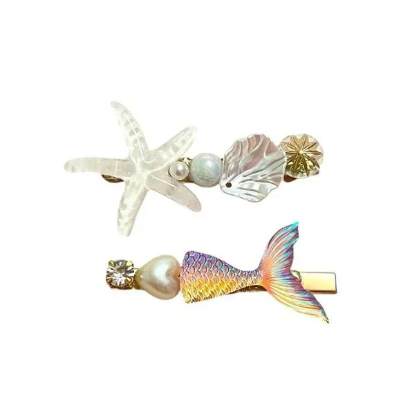 White Iridescent Mermaid and Starfish Alligator Hair Clips