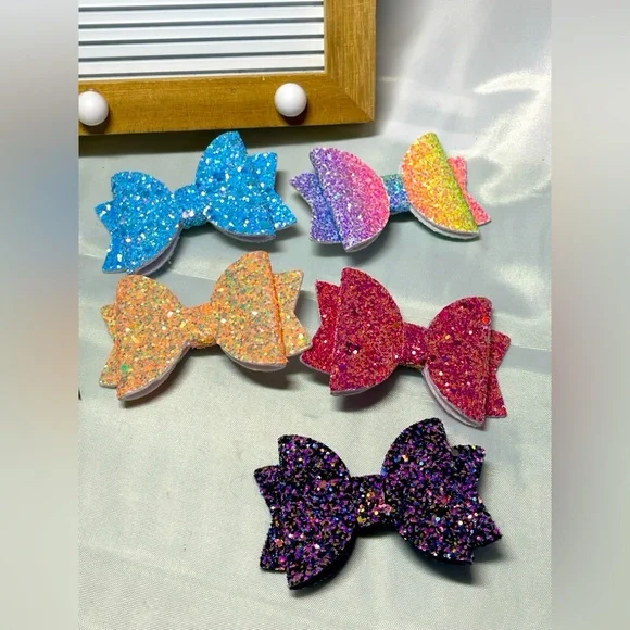 Set of 5 Glitter Bow Hair Clips – Girls Accessories – Rainbow, Pink, Blue