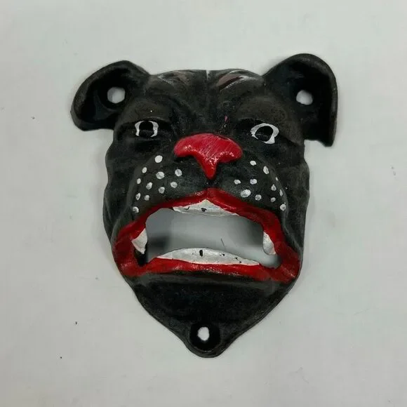 Vtg Bulldog Bottle Opener Cast Iron Wall Mount Bar Decor Pitbull Dog Mask 4
