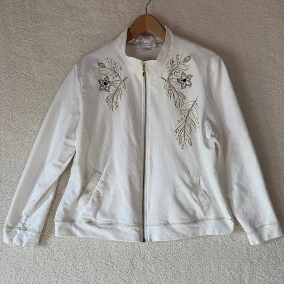Erin London Womens Zip‎ Up Top Embroidered Satin Embellishments Cotton Casual