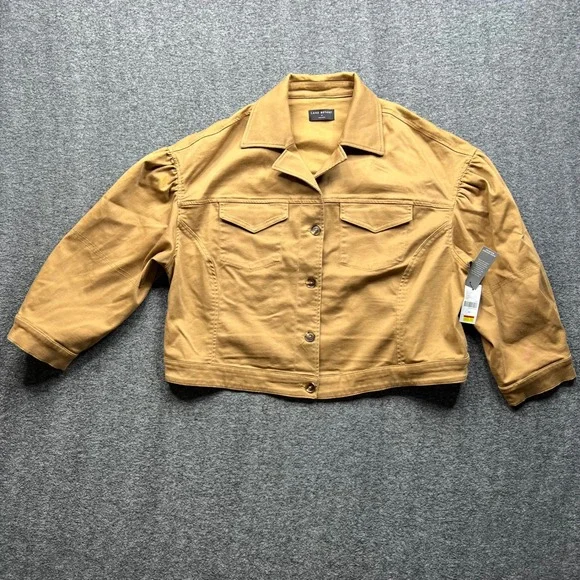 Lane Bryant Jacket Women 18 Tan Cropped Puff Shoulder Cotton Blend m91565