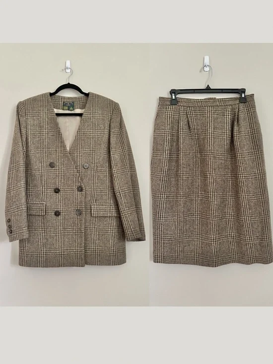 Vtg Charter Club Classic 100% Wool Plaid Skirt Suit Set Size 12 Brown Glen Plaid