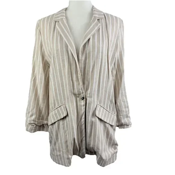 Oversized Beige Striped BP. Boyfriend Blazer Small Cinched 3/4 Sleeve Neutral