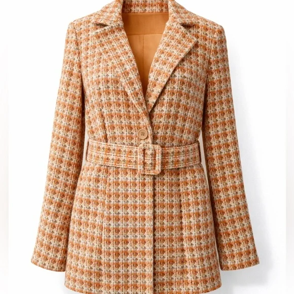 Venti6 Italy Tweed Belted Jacket Orange Cream Boucle Coat Womens M
