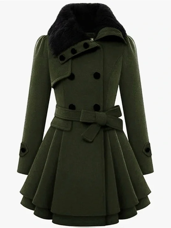 zeagoo Olive Green Trench Coat with Black Faux Fur Collar
