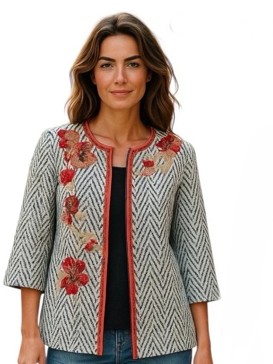 Chico’s Embroidered Jacket Size 1 Floral Appliqué Boho Chic Open Front Blazer
