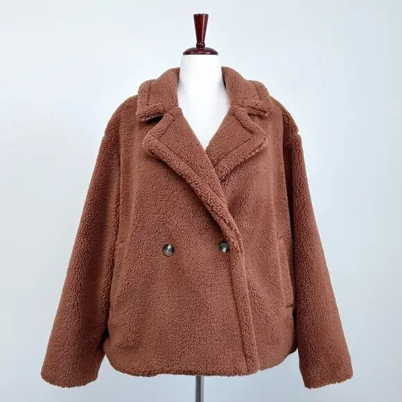 Gap Brown Teddy Sherpa Cozy Fleece Collared Double-Breasted Jacket Coat XL