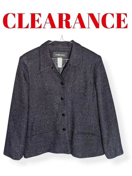 Sag Harbor Vintage Petite Black Metallic Tweed Blazer Classic Jacket Plus Size