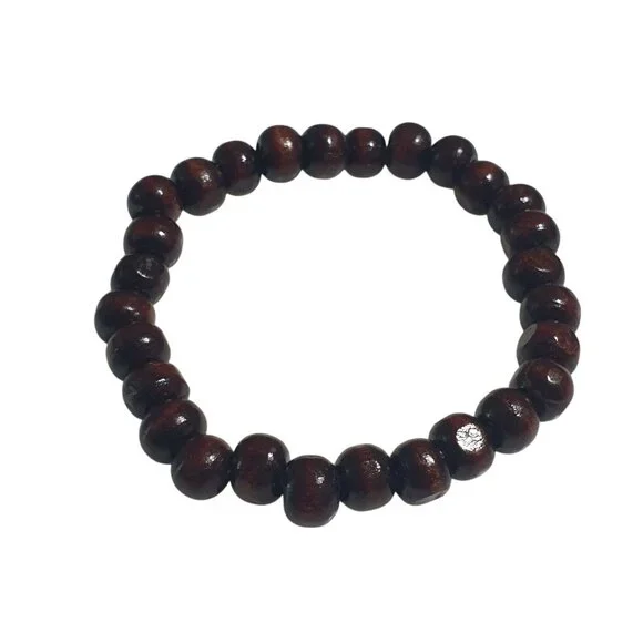 Brown Wooden Beaded Stretch Bracelet Unisex Handmade Simple Design Boho Beach