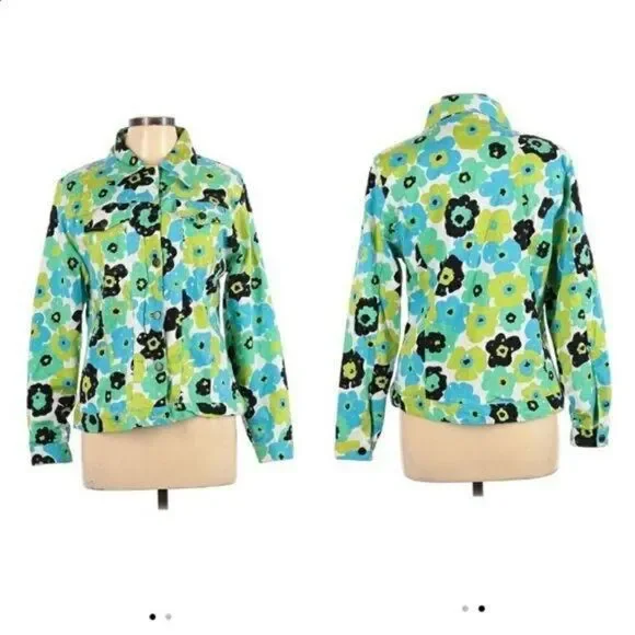 Whimsical 70's Flower Sequin Shaket Jean Jacket Floral Button Down Pockets Sz 10
