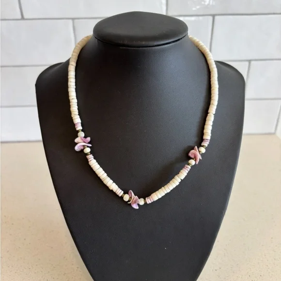 Vintage Puka Shell Necklace White Purple 17