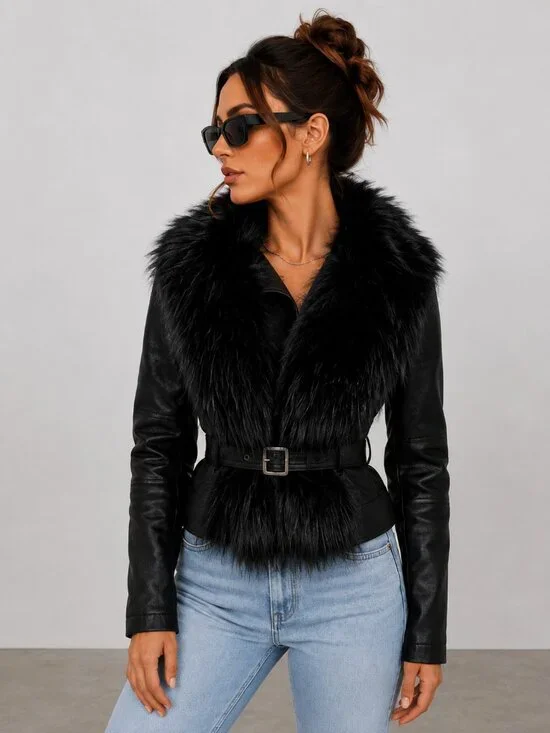 Black Vegan Leather Jacket Faux Fur Collar Belted Y2K Glam NWT
