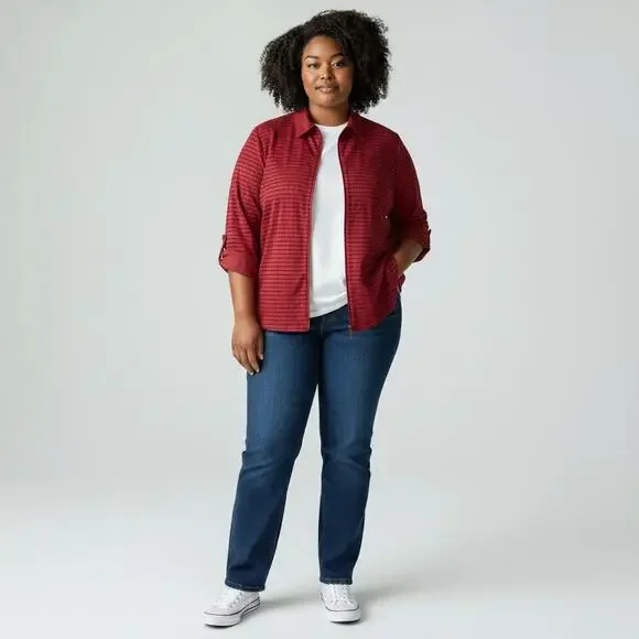 Notations Red Sheer Textured Zip Jacket Top 1X Officecore