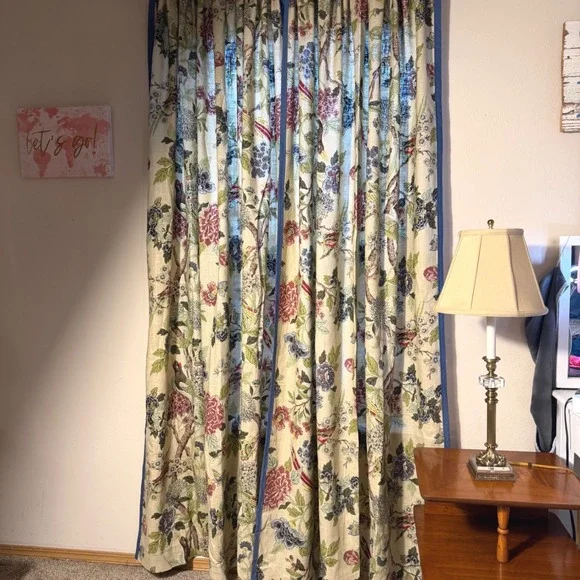 Vtg Cottagecore Floral Bird Curtains Pair Linen Blend Look Blue Trim 83