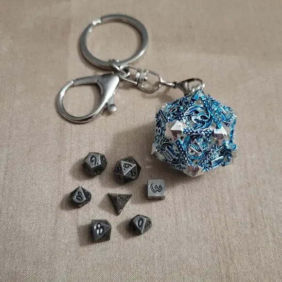 Mini DND blue gamer keychain dice set 6mm set of 7 polyhedral dice in D20