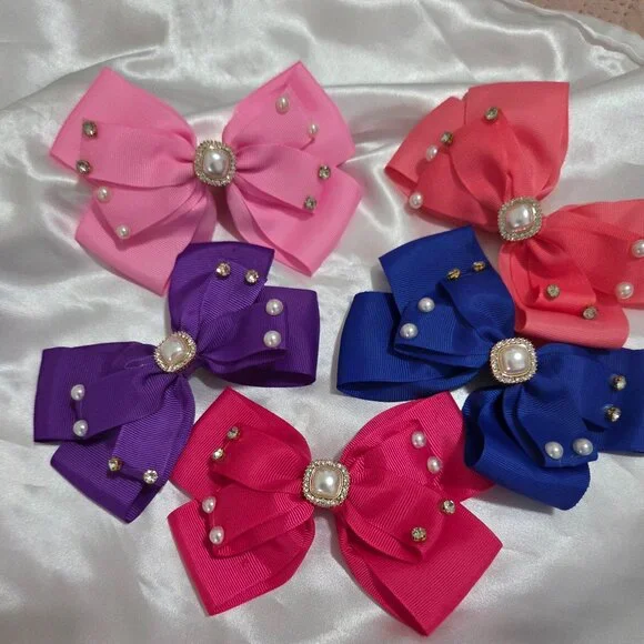 5pcs Pearl & Rhinestone Hair Bows ✨ Girls Elegant Ribbon Clips Cute Accessor