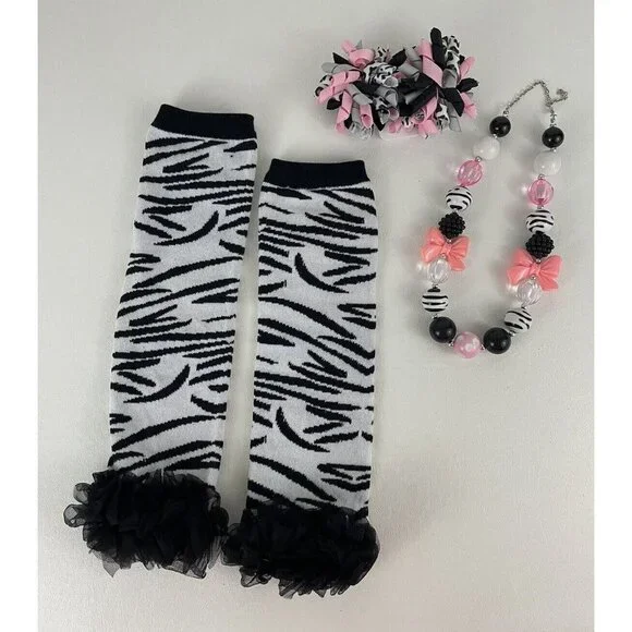 Girls Sz 2 3 4 Set Pink Zebra Print Necklace Barrettes Leg Covers 3 Pc Lot New