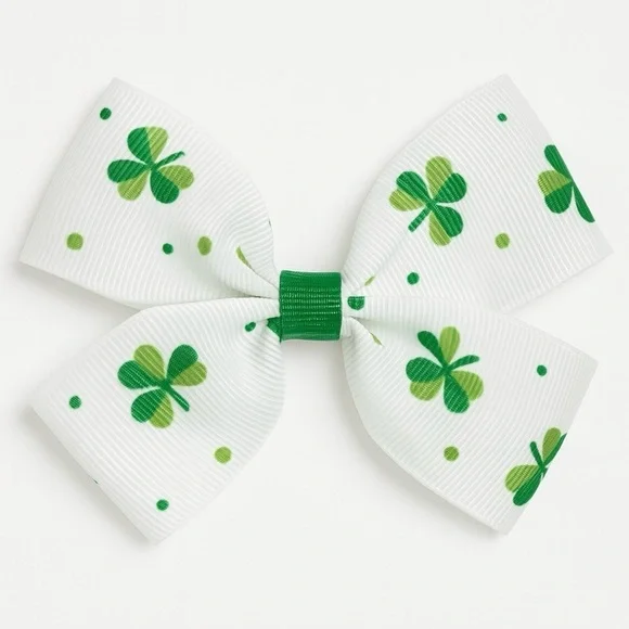 St. Patrick’s Day Green and White Clover Hair Bow