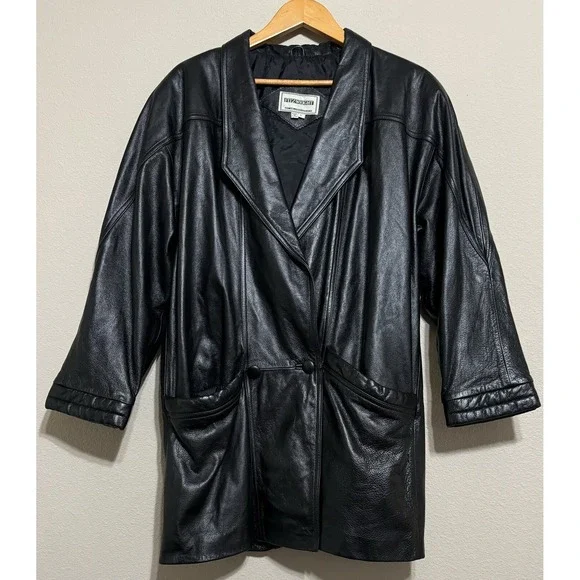Vintage‎ Fitz-Wright Womens Leather Coat Large Black Mid-Length Heavy EUC