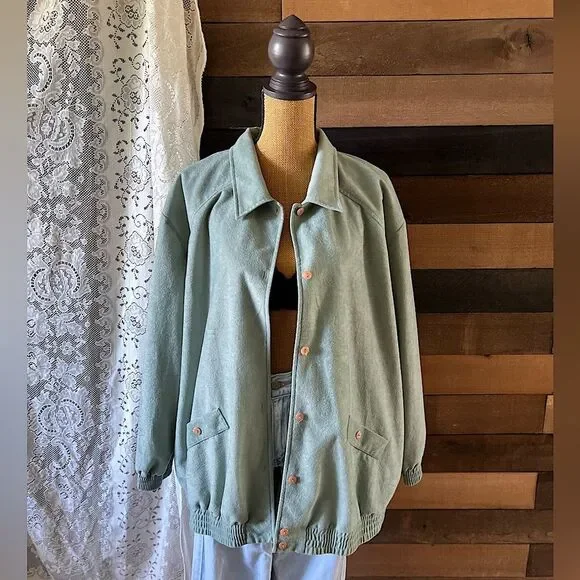Vintage 80s Seafoam Green Soft Button Up Teddi Lightweight Jacket Plus Size