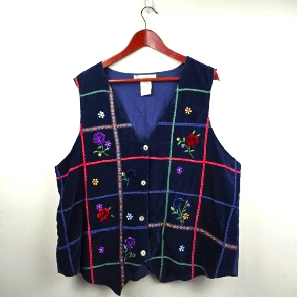 STUDIO COLLECTION‎ Vintage Velvet Embroidered Vest Floral Navy Womens Sz 20W