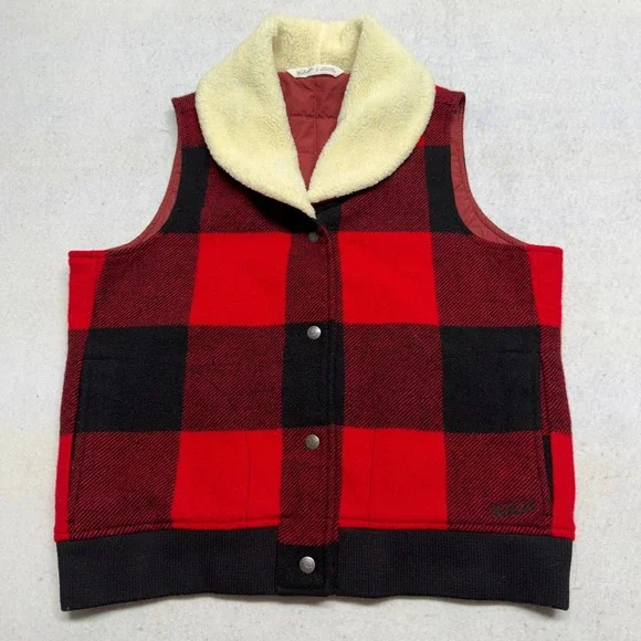 Vintage Woolrich Buffalo Plaid Wool Vest Sherpa Collar Quilt Lined Western Large