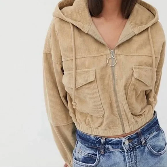 BDG Urban Outfitters Corduroy Cropped Zip Hoodie Jacket Tan M Retro Streetwear