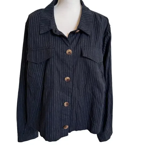 Lane Bryant Cropped Shirt Jacket Size 24/3X Navy White Pinstripes Cotton/Linen