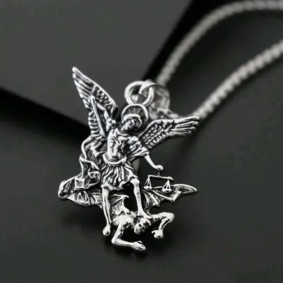 925 Silver Plated Archangel St. Michael Necklace Christmas Birthday Vtg Gift NEW