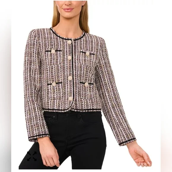 CeCe Collarless Patch Pocket Tweed Jacket - Black, Cream and Pink.