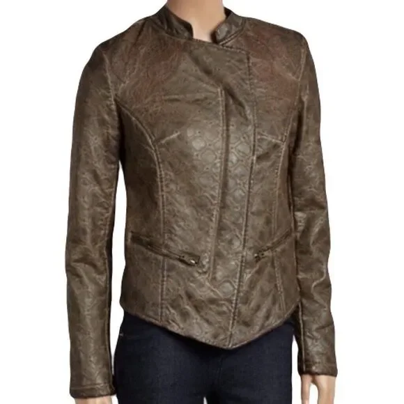 NEW Allen Schwartz Womens Small Lattice Embroidered Brown Faux Leather Jacket
