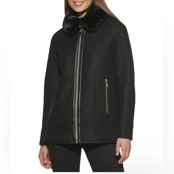Kenneth Cole Faux Fur Collar Boucle Wool Blend Coat Black Moto Zip Jacket L NWT