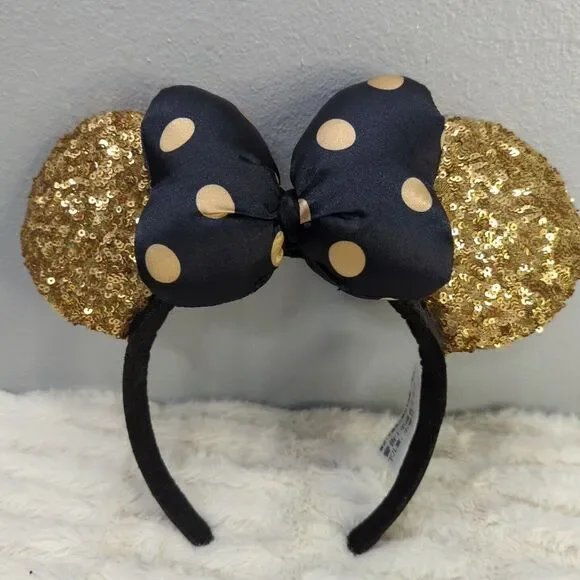 Disney Parks Minnie Mouse Gold Sequin Ear Headband Black & Gold Polka‎ Dot Bow