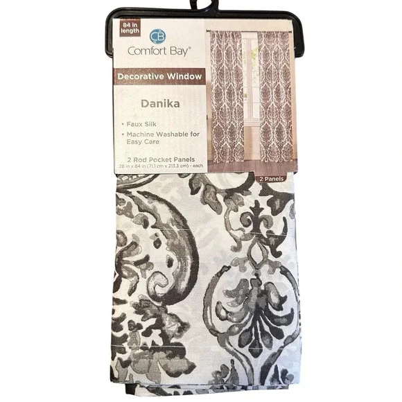 Comfort Bay Curtain Panels 28x84 Grey White Faux Silk Damask Rod‎ Pocket