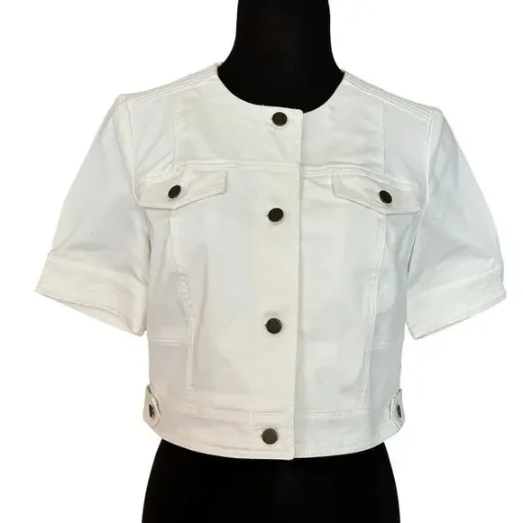 Cache White Cotton Blend Front Button Short Jacket Top Lined Side Tab NWT $118