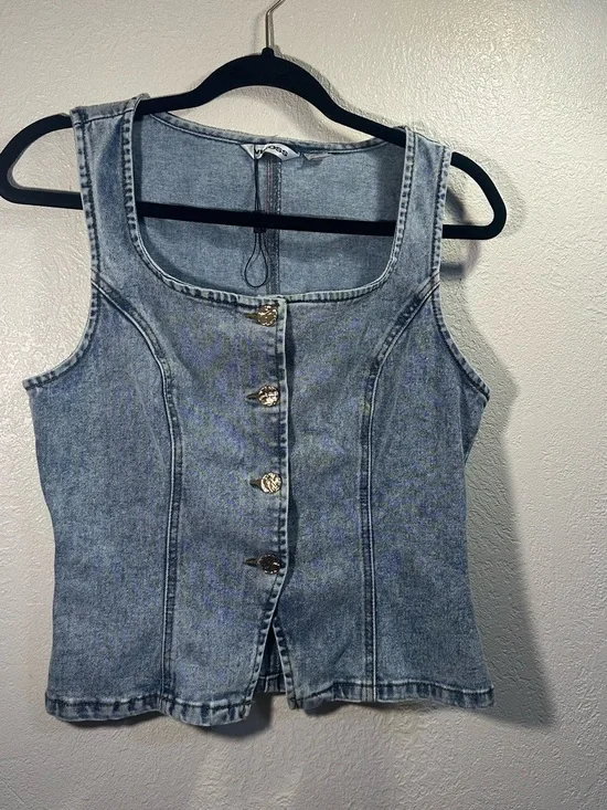 Light Blue Denim Tank with Gold Stitch Accents