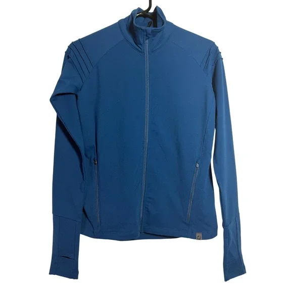 Oiselle Running Jacket Women's Size 2 Teal Blue Pleated Shoulder Full Zip Thumb