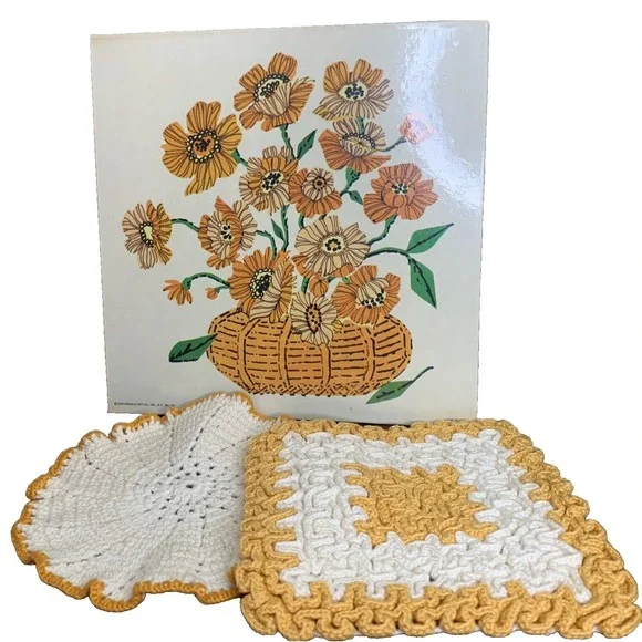Vintage Litho Trivet Crochet hot pads Orange Cream 1976 LOT OF 3 Hand made USA