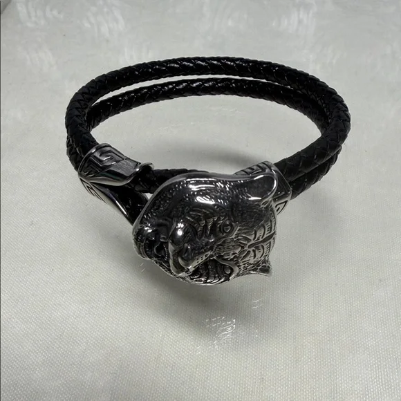 Stainless Steel/Leather Double Strand Tiger Head Bracelet