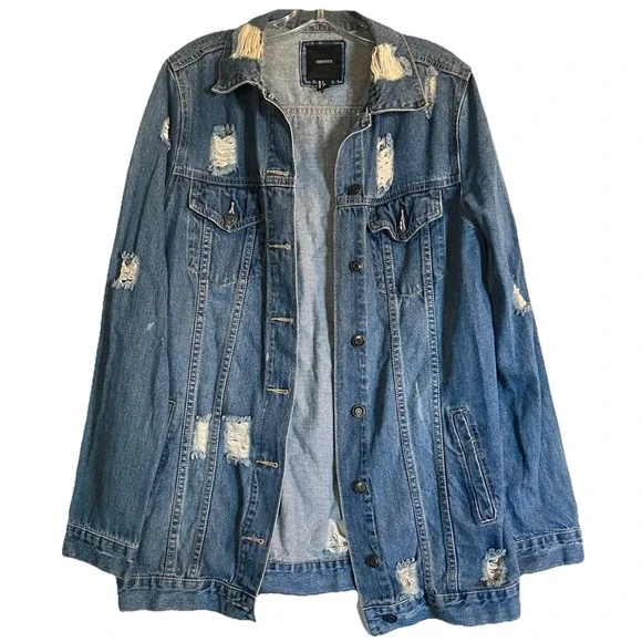 FOREVER 21‎ WOMENS DENIM JACKET SIZE L DISTRESSED DESTROYED BLUE OVERSIZED JEAN