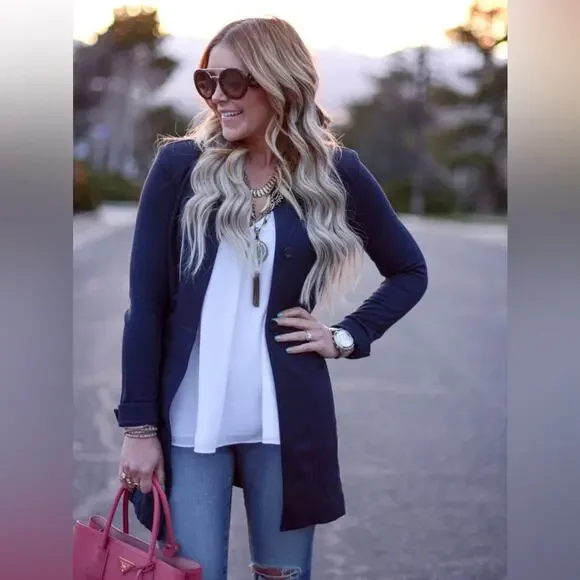 CABi Lido Thick Ponte Knit Longline Button Front Cardigan Navy‎ BlazerJacket sm